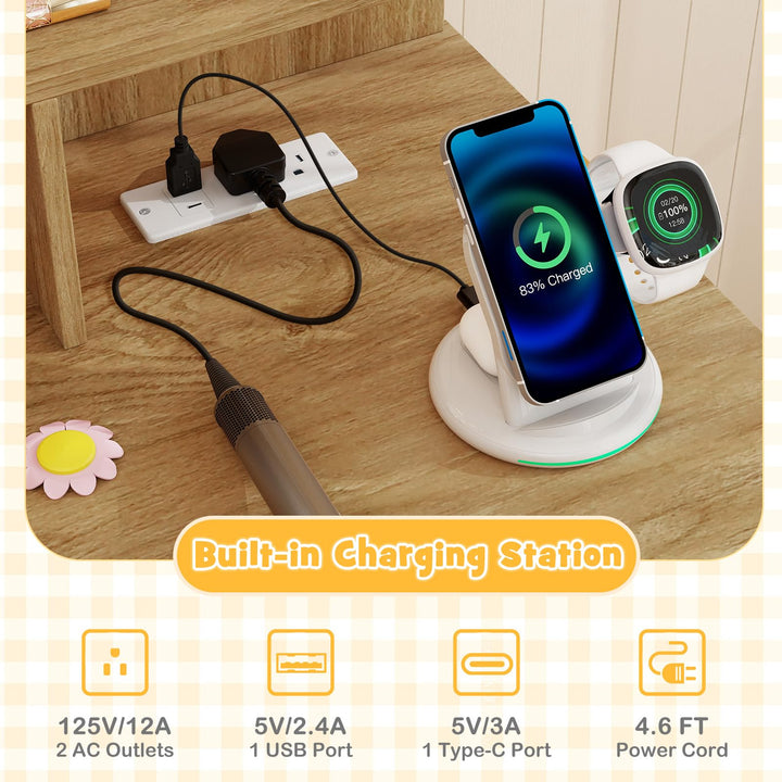 CHARMAID Small Vanity Desk with Mirror and Lights Cute Kitty Makeup Table with Power Outlets