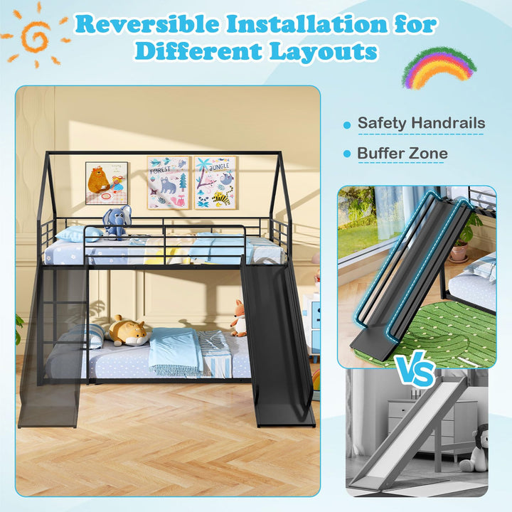 Giantex Twin Over Twin Bunk Bed with Slide & Ladder House-Shaped Metal Bunk Bed Frame with Safety Guardrail & Roof