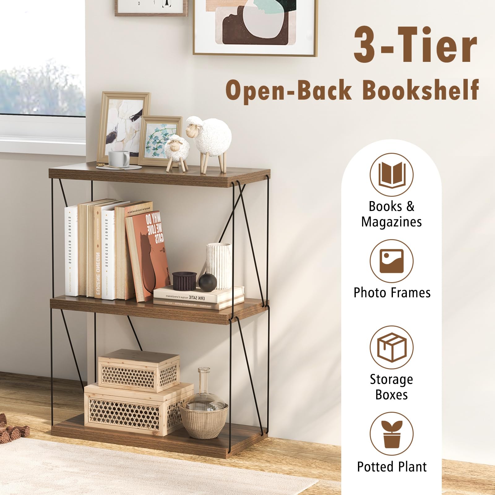 Giantex 3-Tier Open-Back Bookshelf, Freestanding Display Rack, Metal Frame Storage Shelf