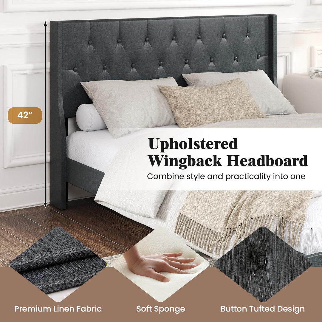 Giantex Queen Size Upholstered Bed Frame Linen Fabric Platform Bed with Button Tufted Wingback Headboard