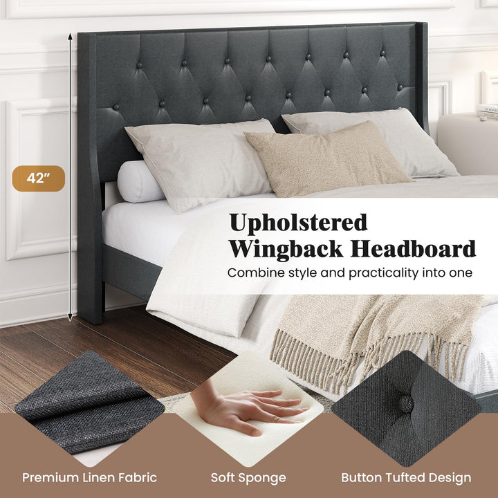 Giantex Queen Size Upholstered Bed Frame Linen Fabric Platform Bed with Button Tufted Wingback Headboard