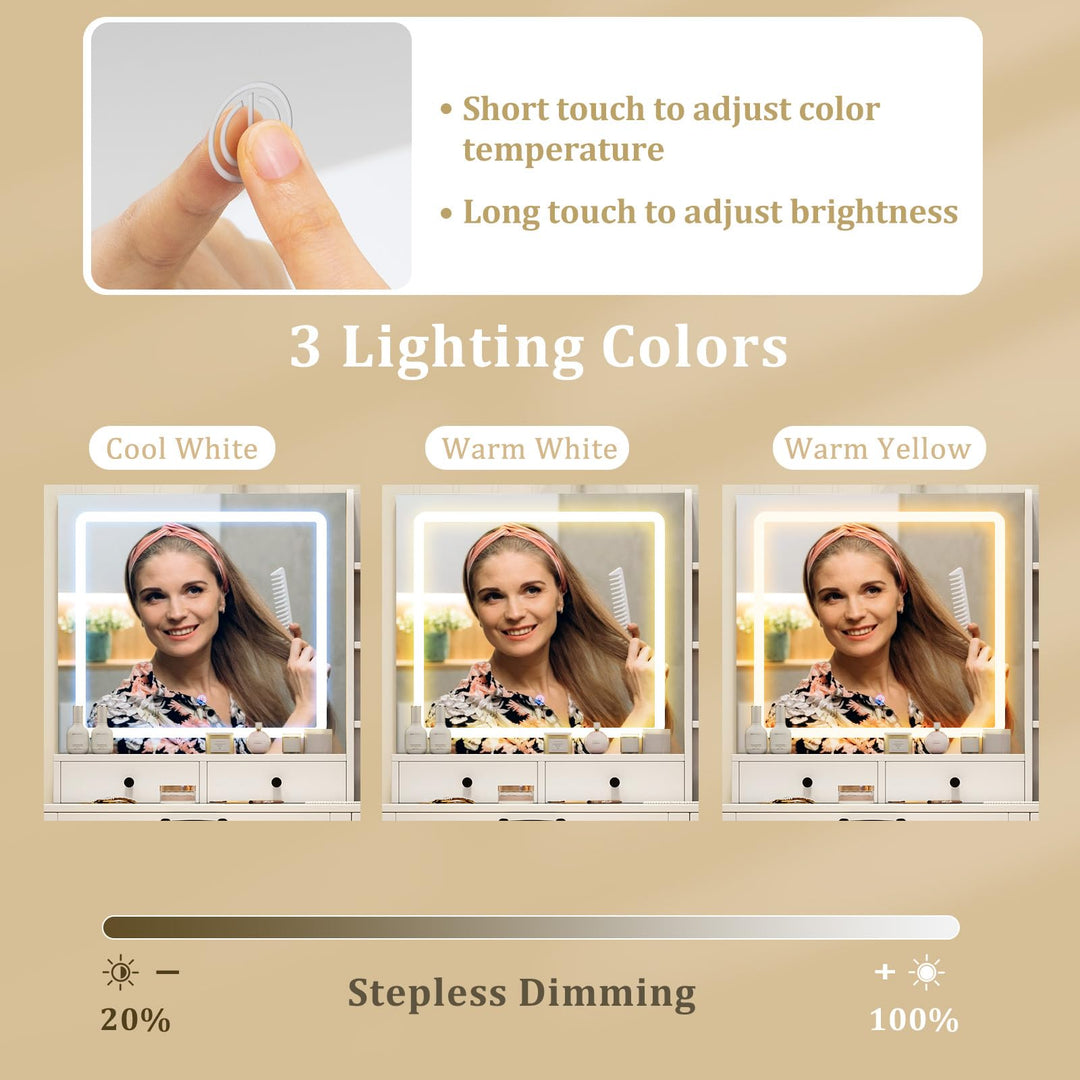 CHARMAID Vanity Desk with Lighted Mirror with Charging Station Storage Stool Drawers Shelves & Cabinet