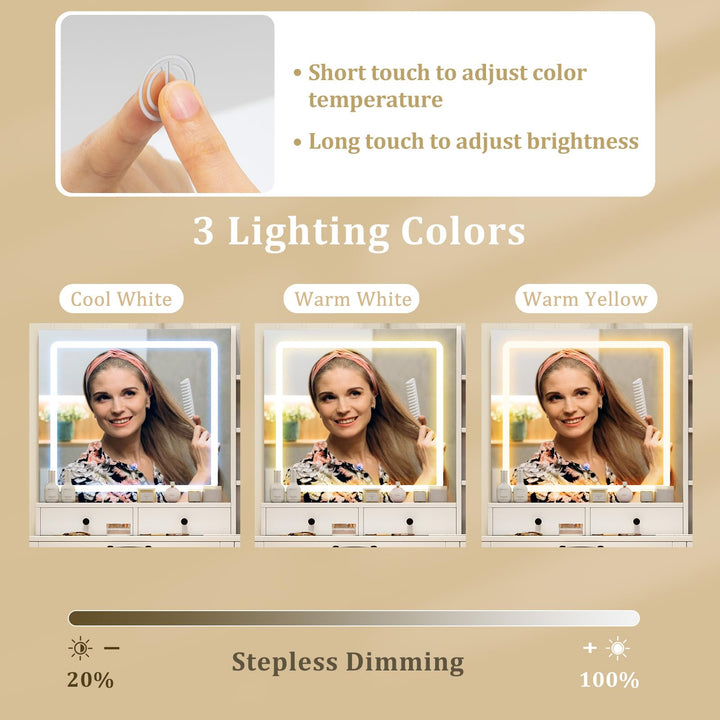 CHARMAID Vanity Desk with Lighted Mirror with Charging Station Storage Stool Drawers Shelves & Cabinet