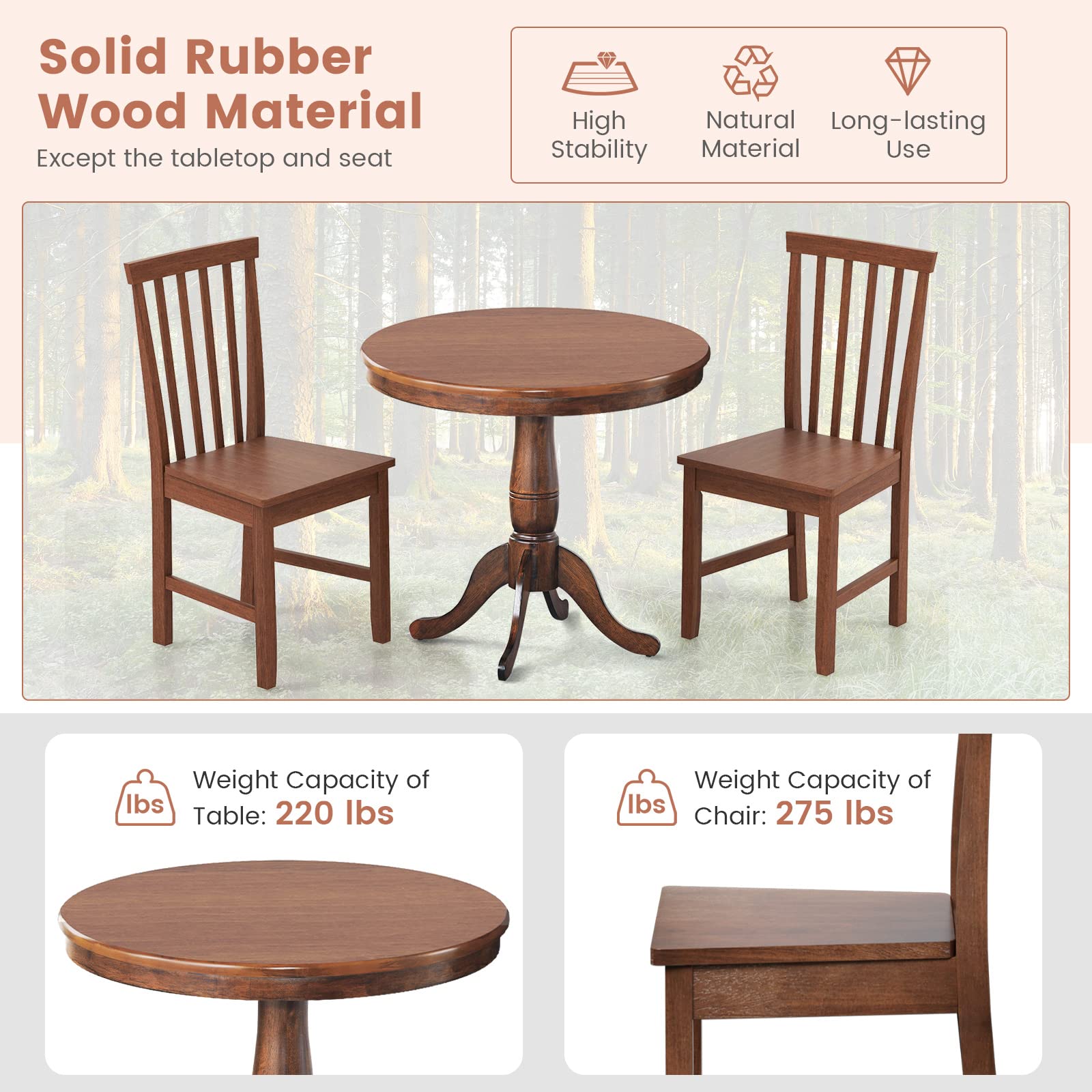 3-Piece Kitchen Table Set, Mid-Century Round Dining Table & Chairs Set for 2, Walnut
