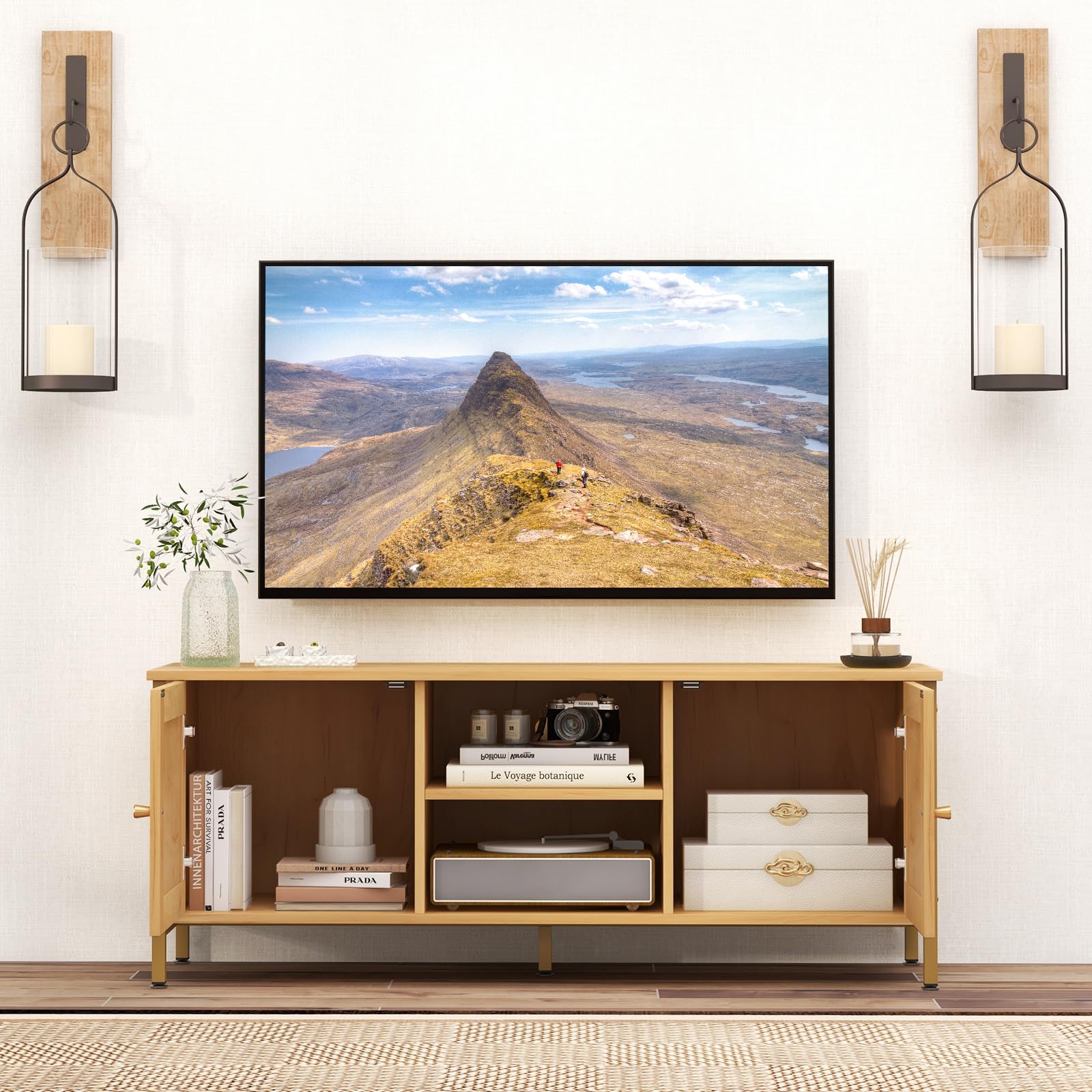 Giantex TV Stand for TVs up to 55'' - Farmhouse Entertainment Center with 2 Cabinets, Storage Shelves