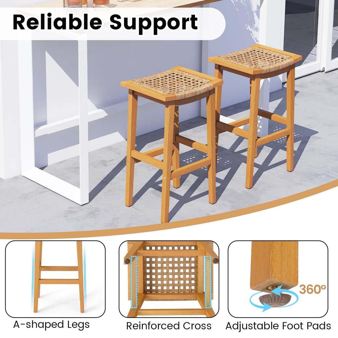 Giantex Outdoor Wooden 29" Bar Stools Set of 2/4 Backless Patio Barstools with PE Rattan Saddle Seat & Footrest