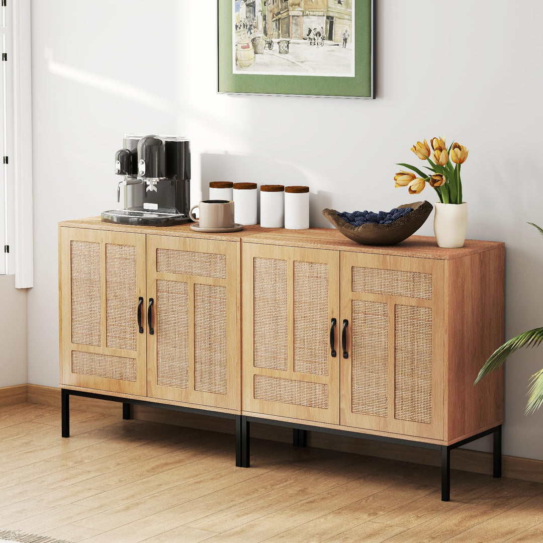 Giantex Sideboard Cabinet Boho Rattan Buffet Cabinet with Storage Adjustable Shelves 2 Doors
