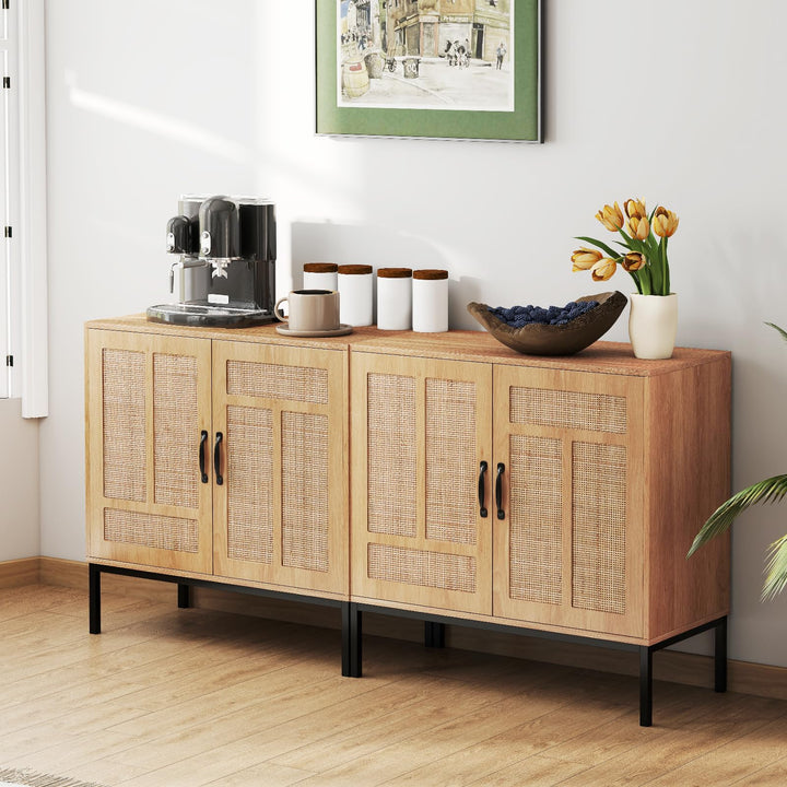 Giantex Sideboard Cabinet Boho Rattan Buffet Cabinet with Storage Adjustable Shelves 2 Doors