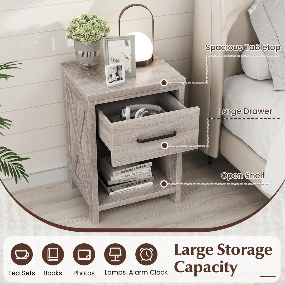Giantex Wooden Bedside Table with Storage Drawer and Open Shelf