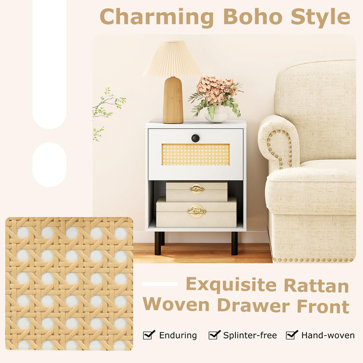 Giantex Rattan Nightstand Boho End Table with Rattan Drawer and Open Shelf