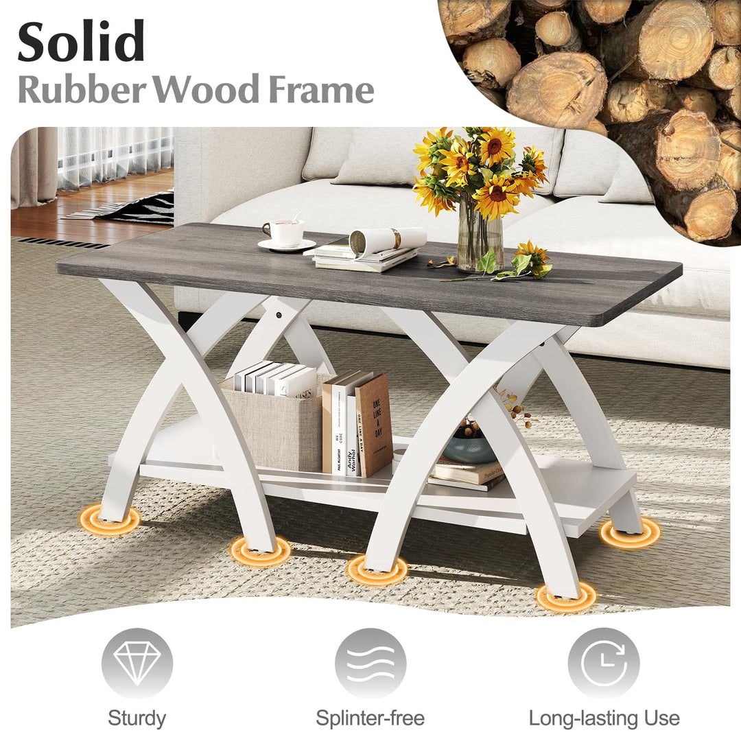 Giantex Farmhouse Coffee Table 2-Tier Wood Center Table with Storage Shelf & X-Shaped Support Legs