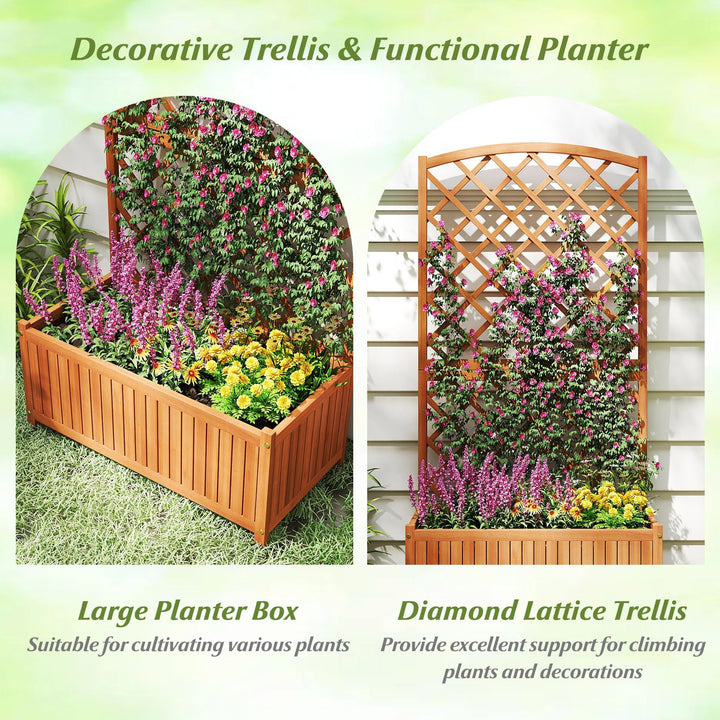 Giantex Solid Acacia Wood Planter Box with Trellis 63" Raised Garden Bed with Trellis