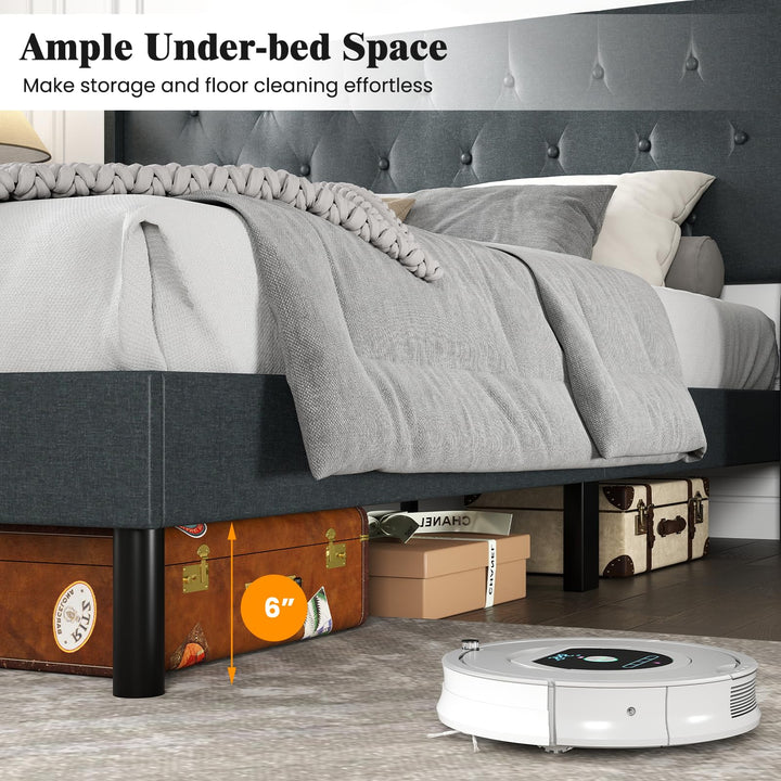 Giantex Queen Size Upholstered Bed Frame Linen Fabric Platform Bed with Button Tufted Wingback Headboard