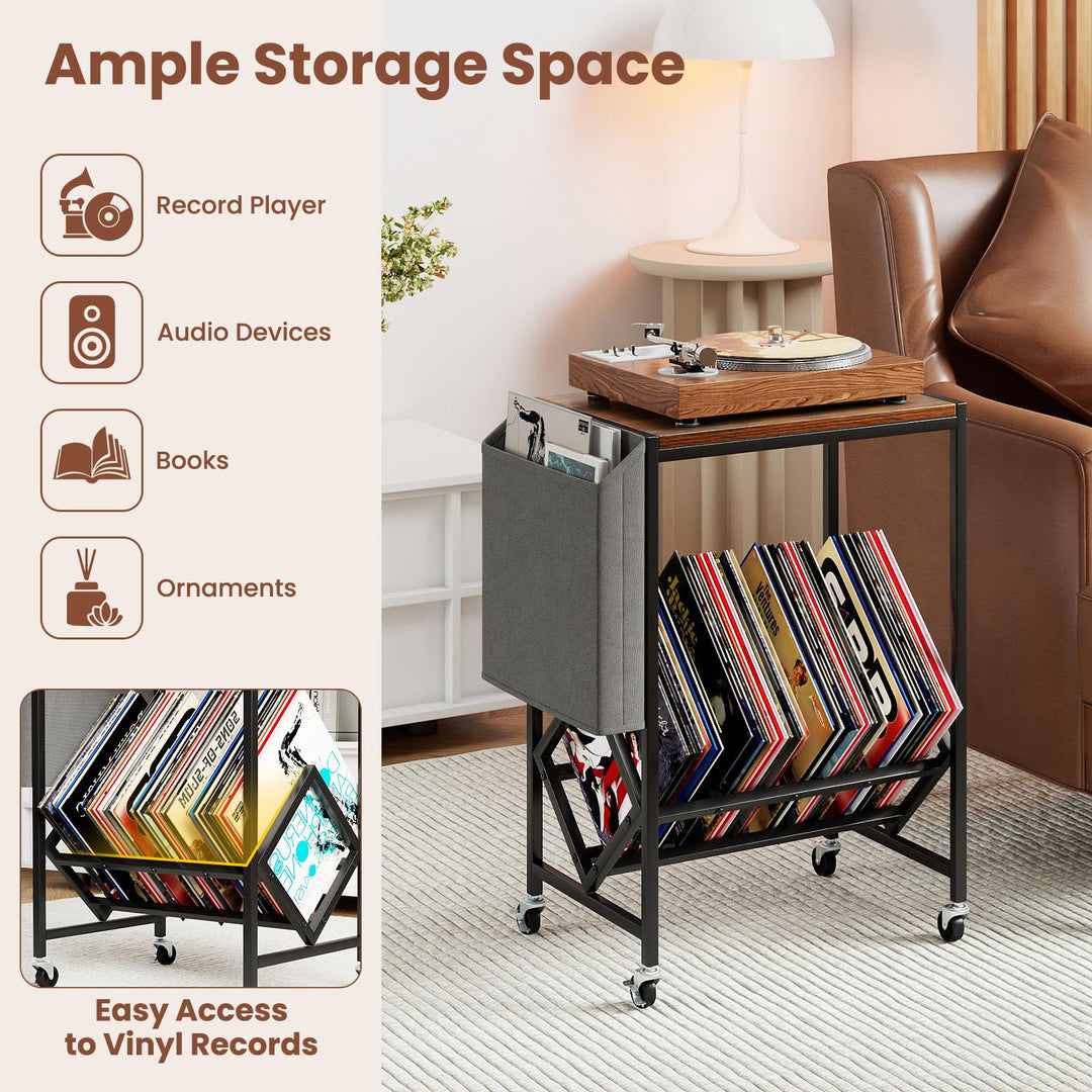 Giantex Rolling Record Player Stand 2-Tier with Vinyl Storage and Magazine Holder Bag