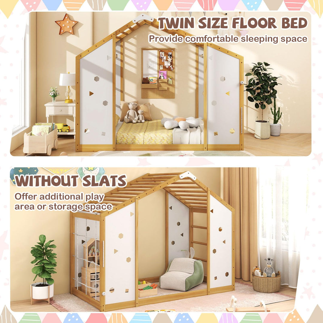 Giantex Twin Size Montessori Floor Bed, 3-in-1 Indoor Kids Jungle Gym Playground