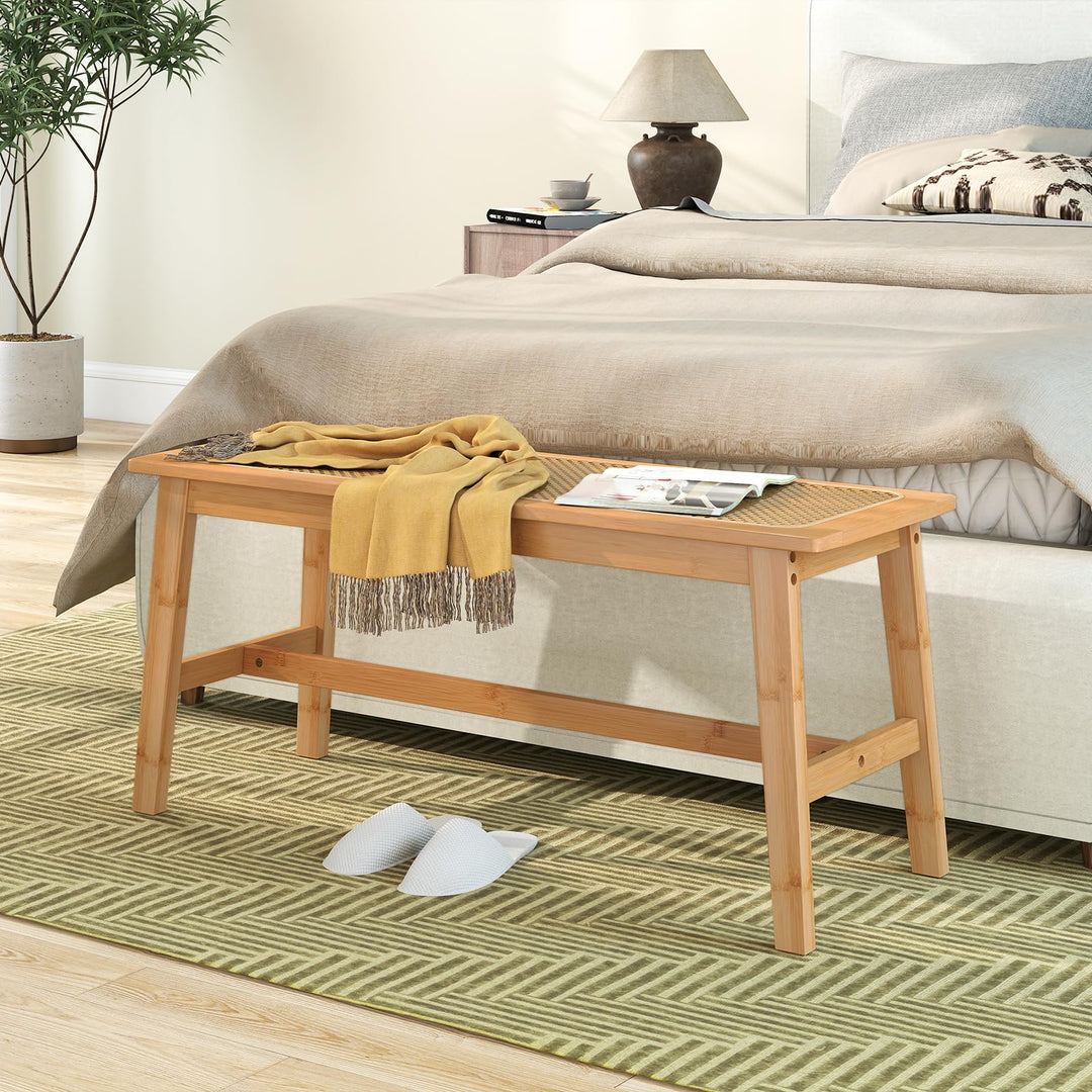 Giantex 39.5" Bamboo Dining Bench with Handwoven Rattan Seat