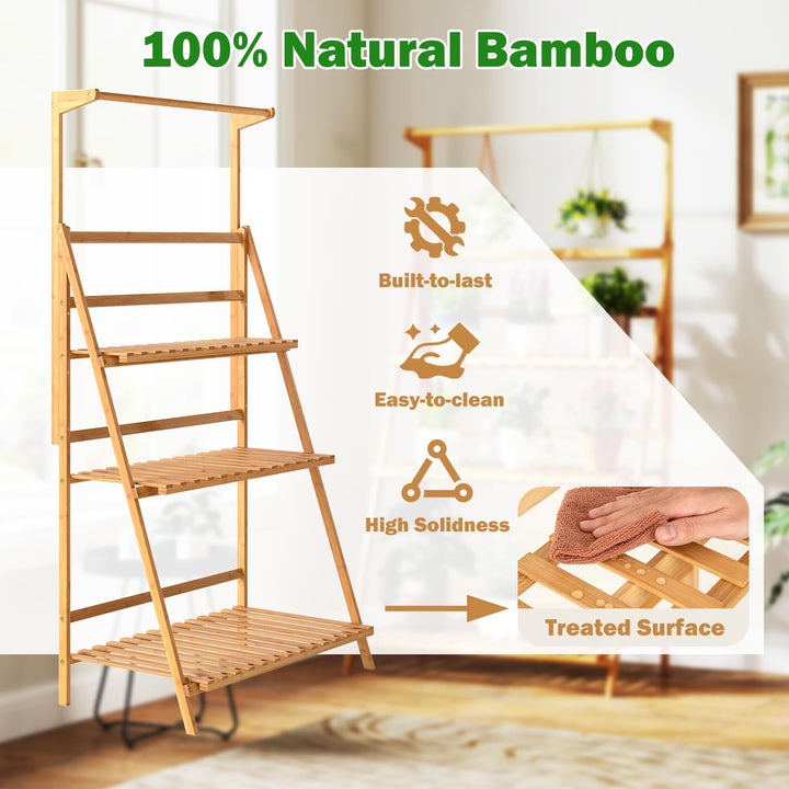 Giantex Plant Stand Indoor Outdoor - Bamboo 3-Tier Hanging Tall Ladder Flower Pot Display Organizer Rack