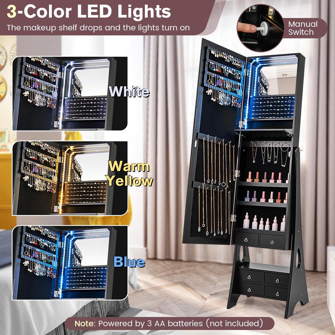 CHARMAID Jewelry Armoire with Full Length Door Mirror & Inside Lighted Vanity Mirror