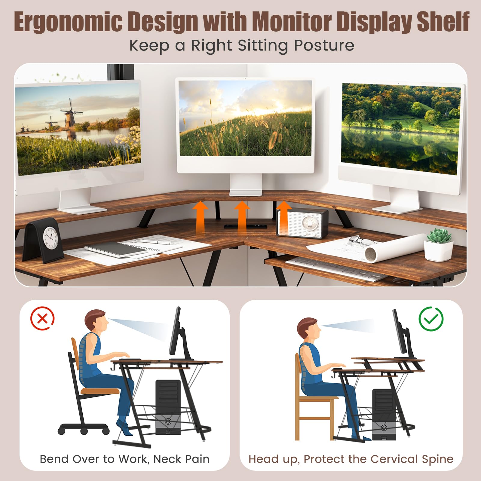 Giantex L Shaped Computer Desk with Power Outlet, 51" Corner Computer Desk with Monitor Stand and Reversible Keyboard Tray