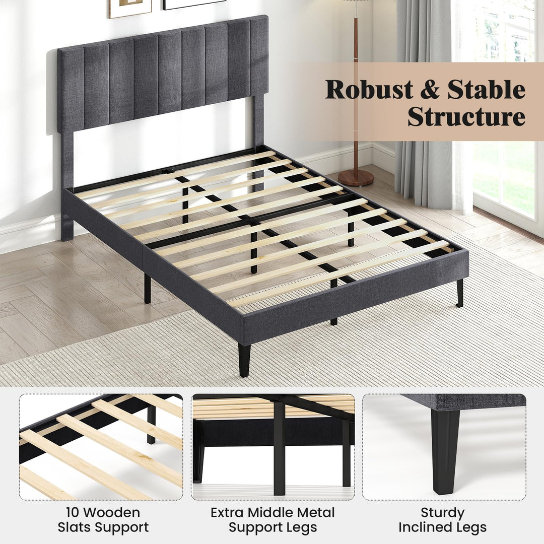 Giantex Upholstered Bed Frame Platform Bed with Height Adjustable Vertical Channel Headboard