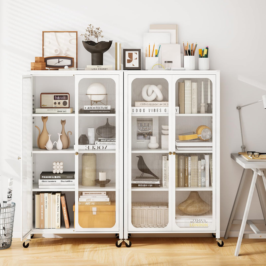 Giantex Bookcase with Doors 58" Tall 4-Tier Bookshelf with Wheels