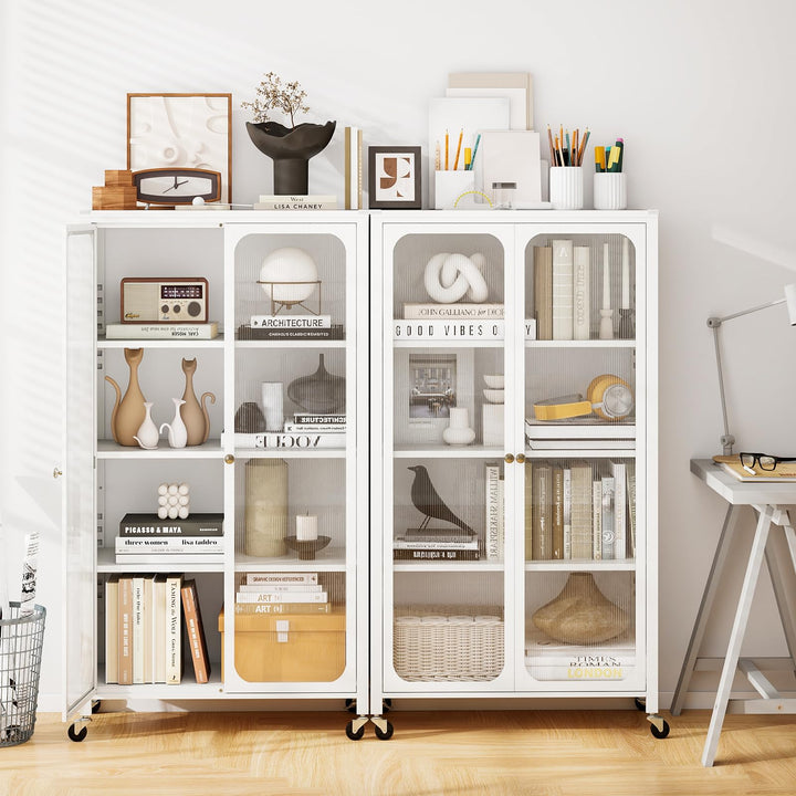 Giantex Bookcase with Doors 58" Tall 4-Tier Bookshelf with Wheels