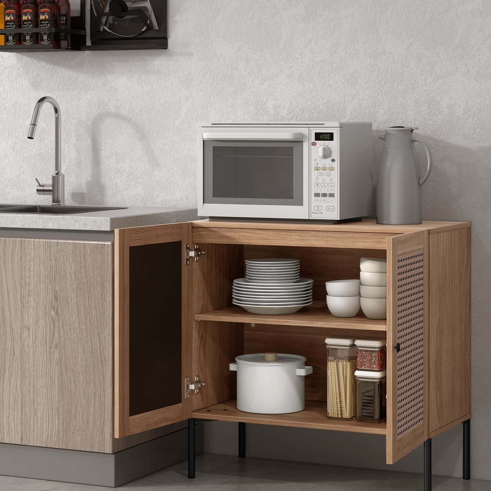 Giantex Buffet Cabinet, Wood Sideboard Storage Cabinet with Rattan Door, 3-Position Adjustable Shelf
