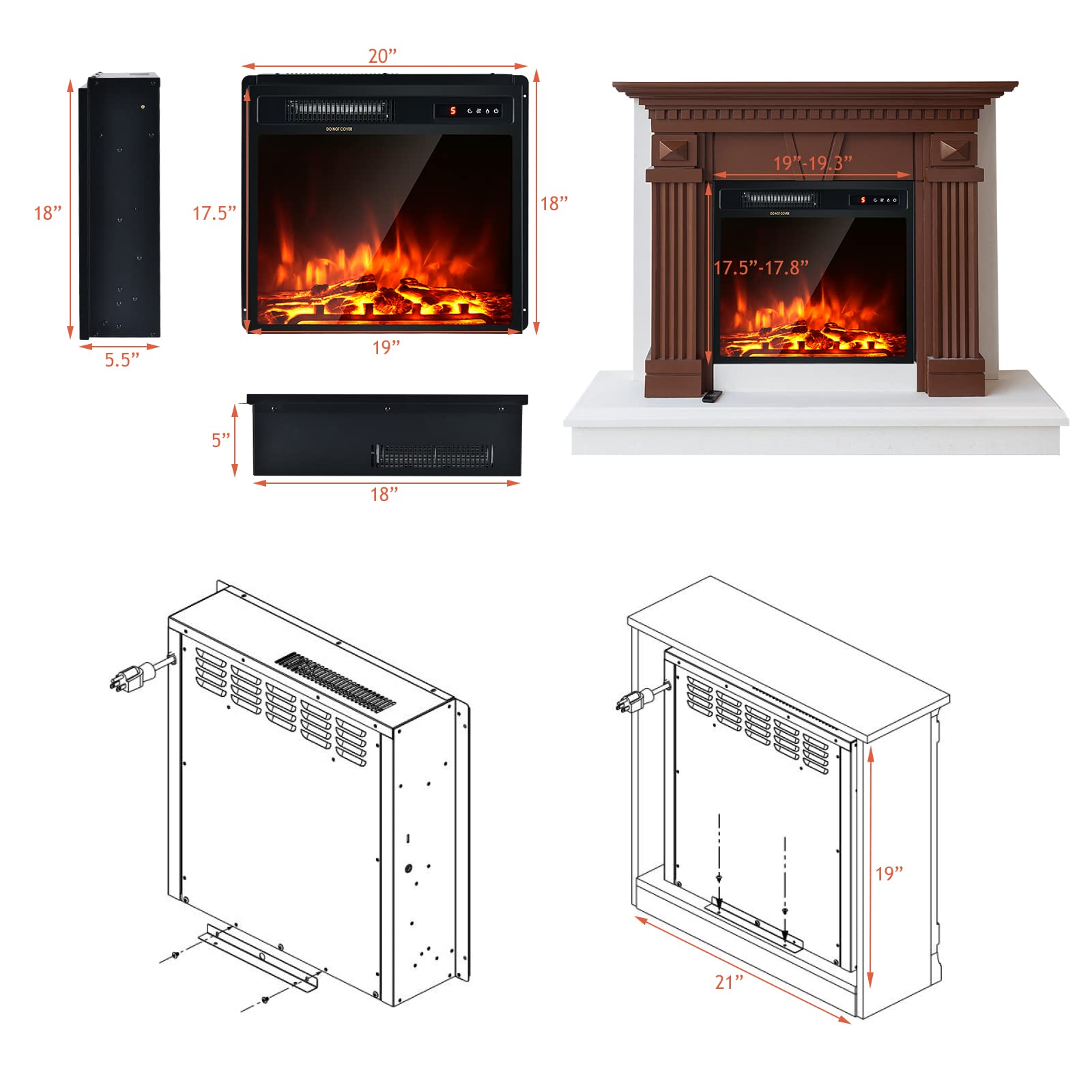 Giantex Recessed and Wall-Mounted Electric Fireplace - Electric Stove Heater