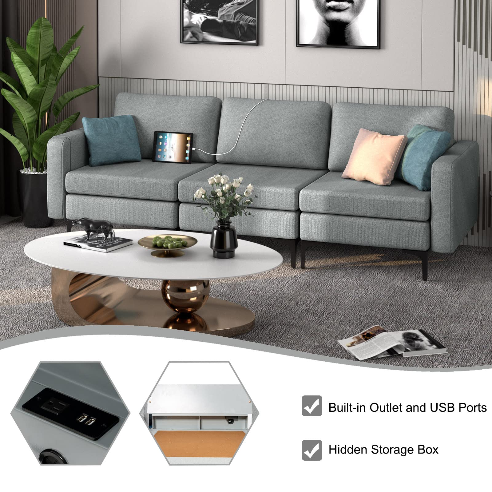 Giantex 3 Seat Sectional Sofa Couch, 94.5" L Modular Sleeper
