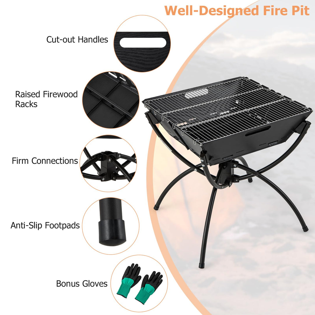 Giantex Folding Campfire Grill, Camping Fire Pit with Stainless Steel Grates, Collapsible Aluminum Legs, Carry Bag