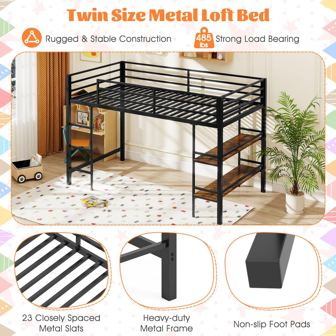Giantex Low Loft Bed Twin Size Heavy Duty Metal Frame w/Storage Shelves
