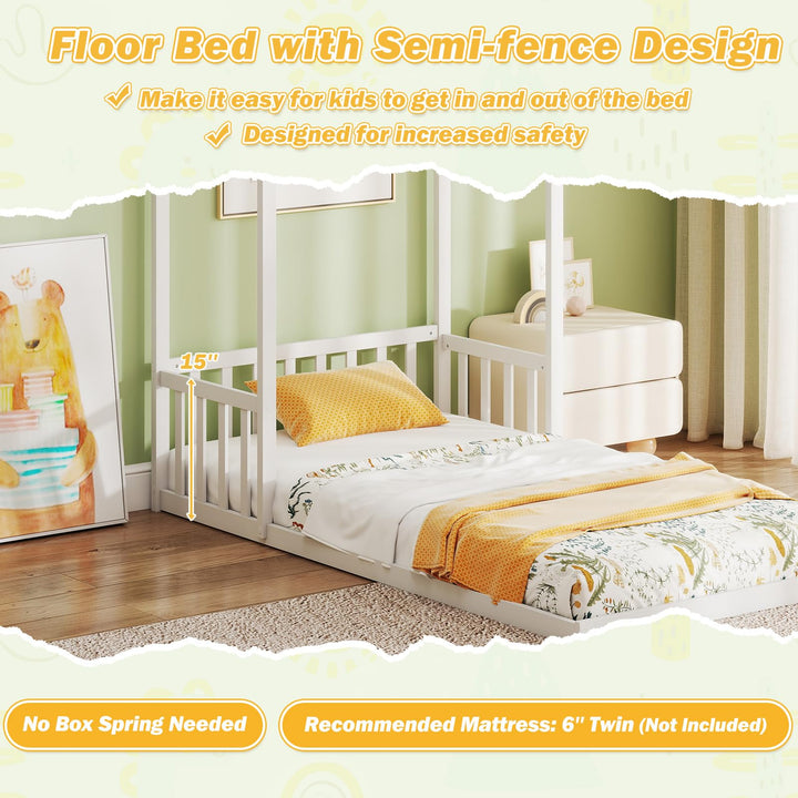 Giantex Twin Size House Bed Montessori Floor Bed with House Shape Roof & Semi-Fence