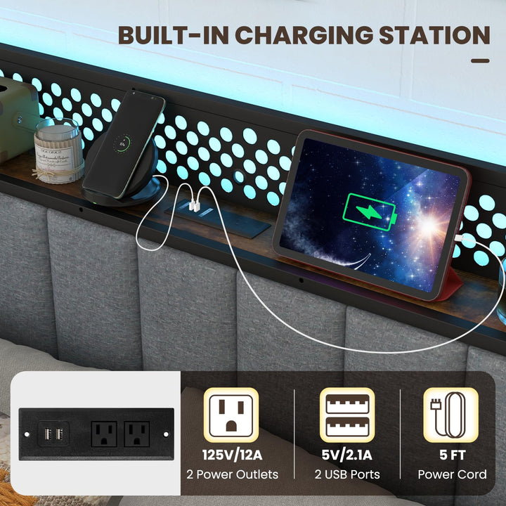 Giantex LED Bed Frame with Charging Station, Metal Platform Bed with Upholstered Headboard & 4 Storage Drawers