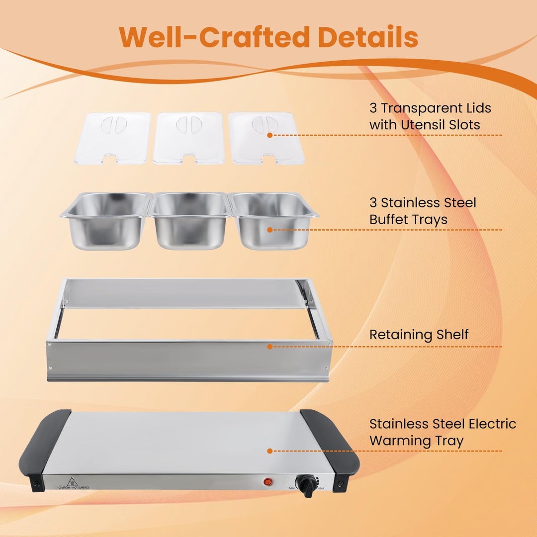 Giantex Electric Buffet Server & Warming Tray 3 Stainless Steel Pans with Lids