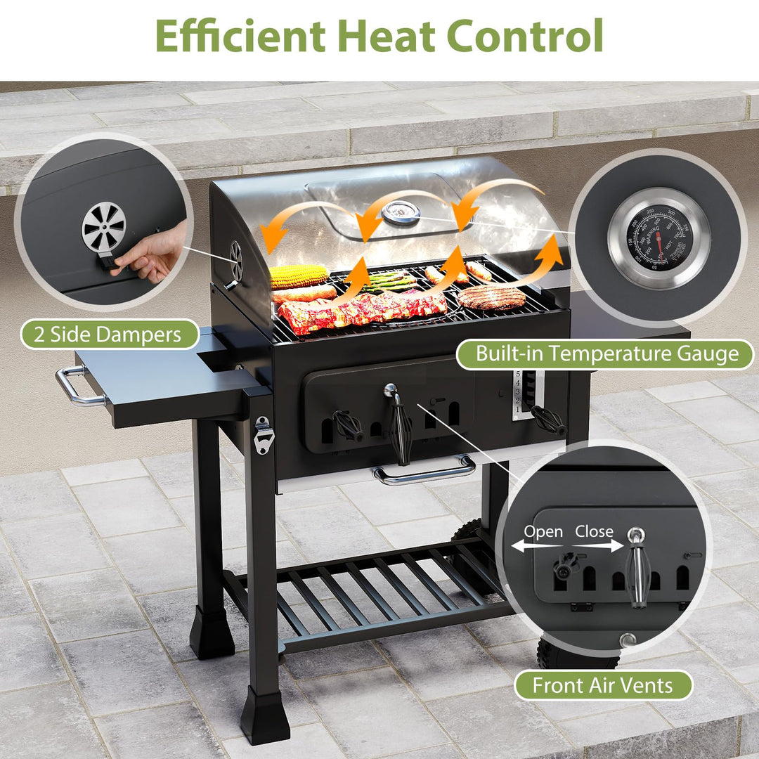 Giantex 24" Charcoal BBQ Grill with Adjustable Charcoal Tray Thermometer Foldable Side Tables