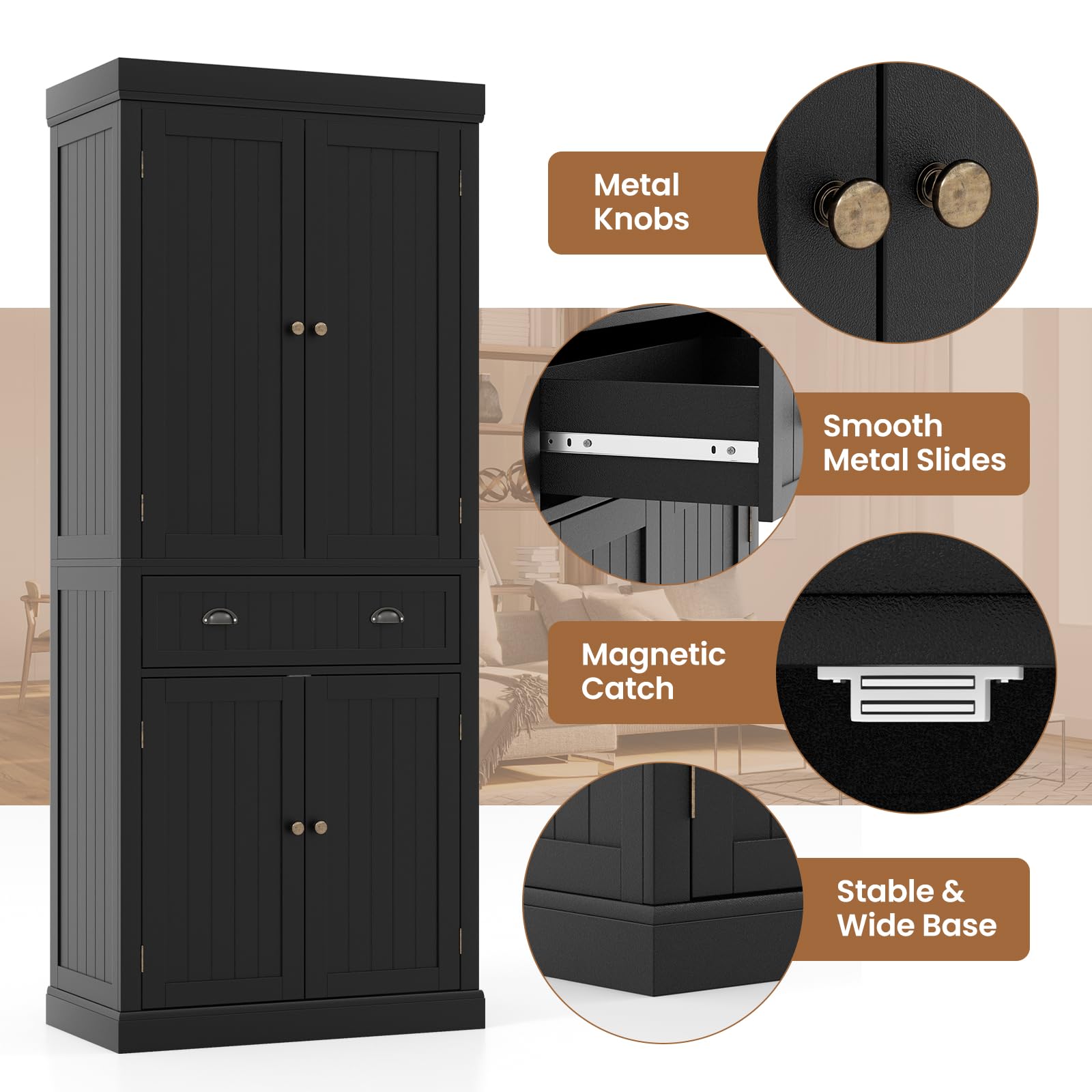 Giantex Pantry Organizers and Storage, 72" Tall Kitchen Cabinet with 2-Door Cabinets & Drawer, Buffet Sideboard