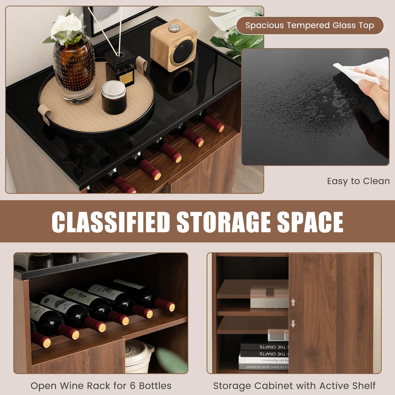 Giantex Wine Bar Cabinet, Small Sideboard Buffet Cabinet with Tempered Glass Top, Adjustable Feet & Shelf, Sliding Door