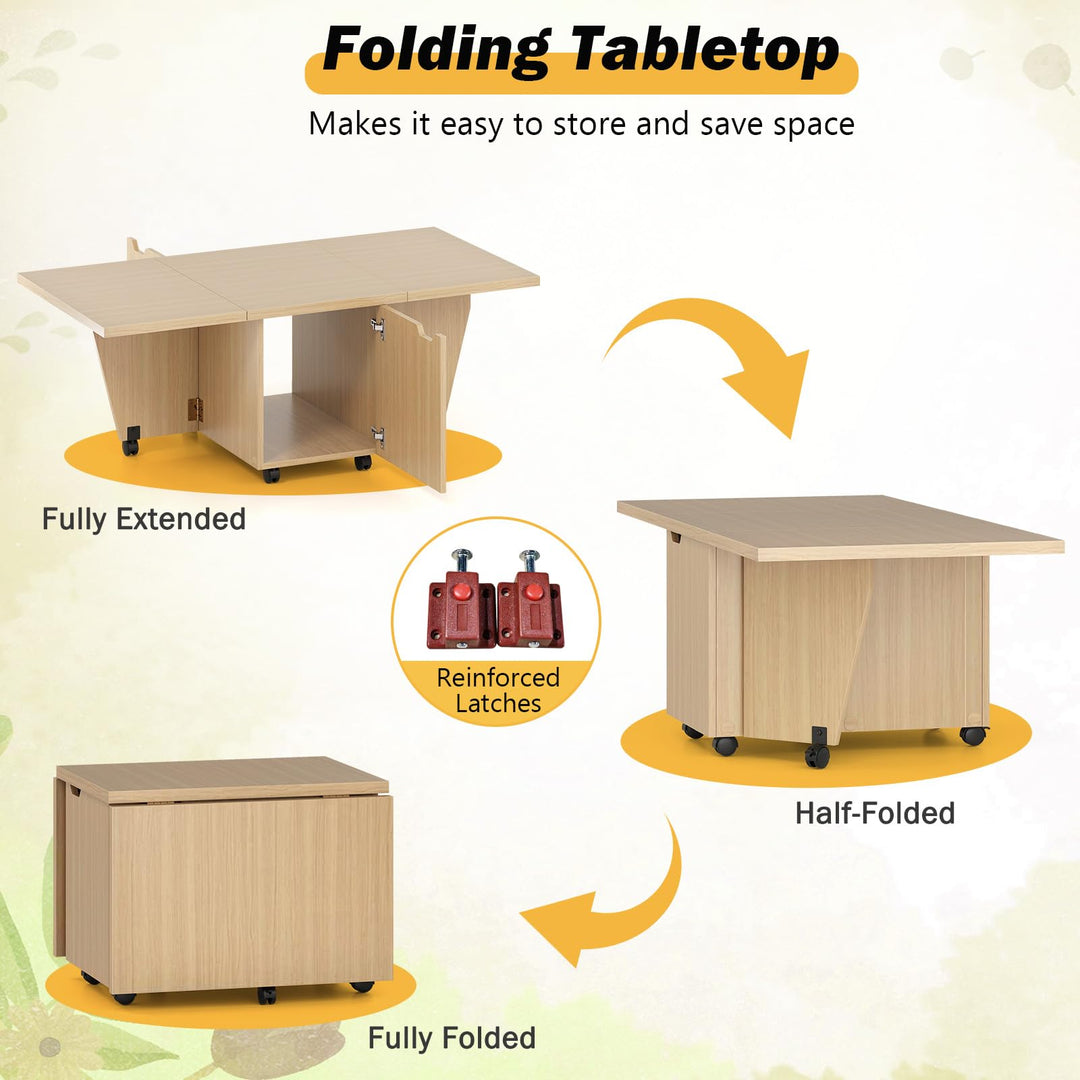 Giantex Folding Coffee Table 48 Inch Drop Leaf Extendable Center Table with Storage Cabinet & Wheels