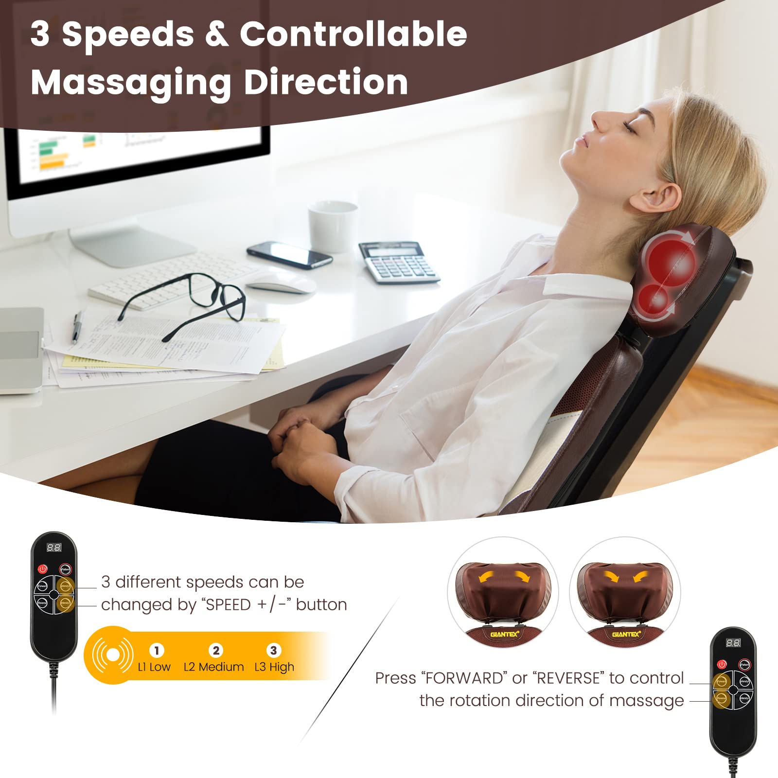 Giantex Back Massager Chair Pad - Chair Massager with Adjustable Neck Pillow, 3 Speeds & 3-Level Timer, Brown