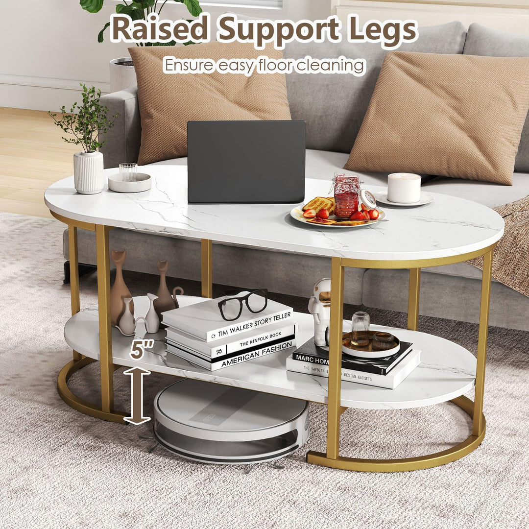 Giantex 2-Tier Coffee Table Oval Center Table with Wood Grain Top & Open Storage Shelf