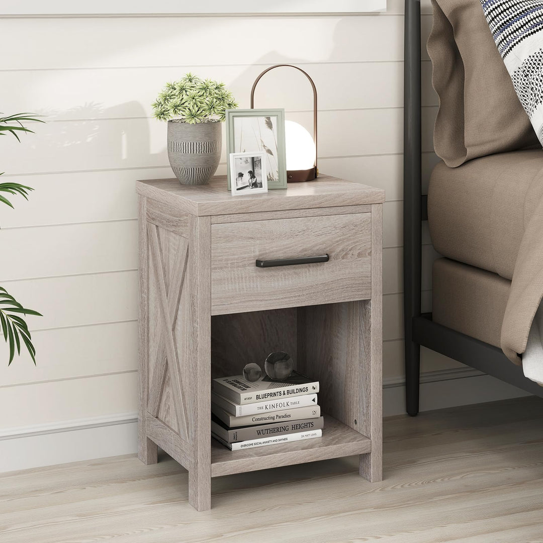 Giantex Wooden Bedside Table with Storage Drawer and Open Shelf