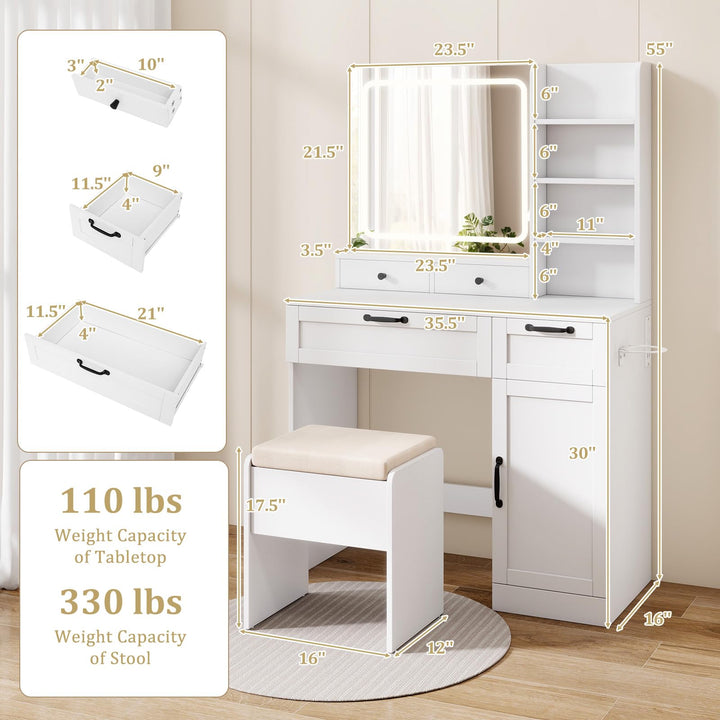 CHARMAID Vanity Desk with Lighted Mirror with Charging Station Storage Stool Drawers Shelves & Cabinet