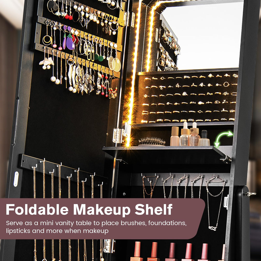 CHARMAID Jewelry Armoire with Full Length Door Mirror & Inside Lighted Vanity Mirror