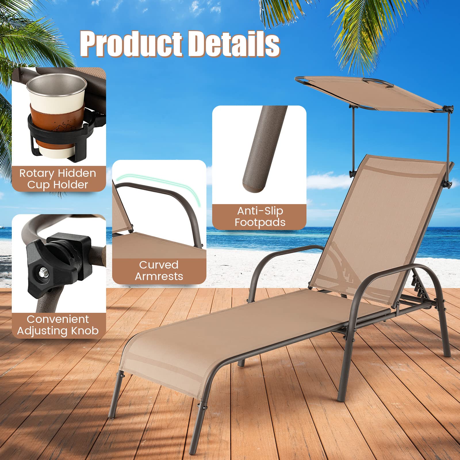Giantex Patio Chaise Lounge Chair - Outdoor Beach Chair with Adjustable Canopy, Metal Frame Sunbathing Lounger for Outside