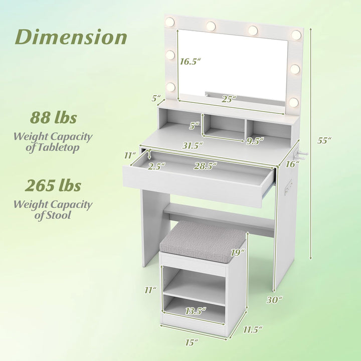 CHARMAID 31.5 Inches Vanity Desk with 3 Lighting Modes and Storage Shelves