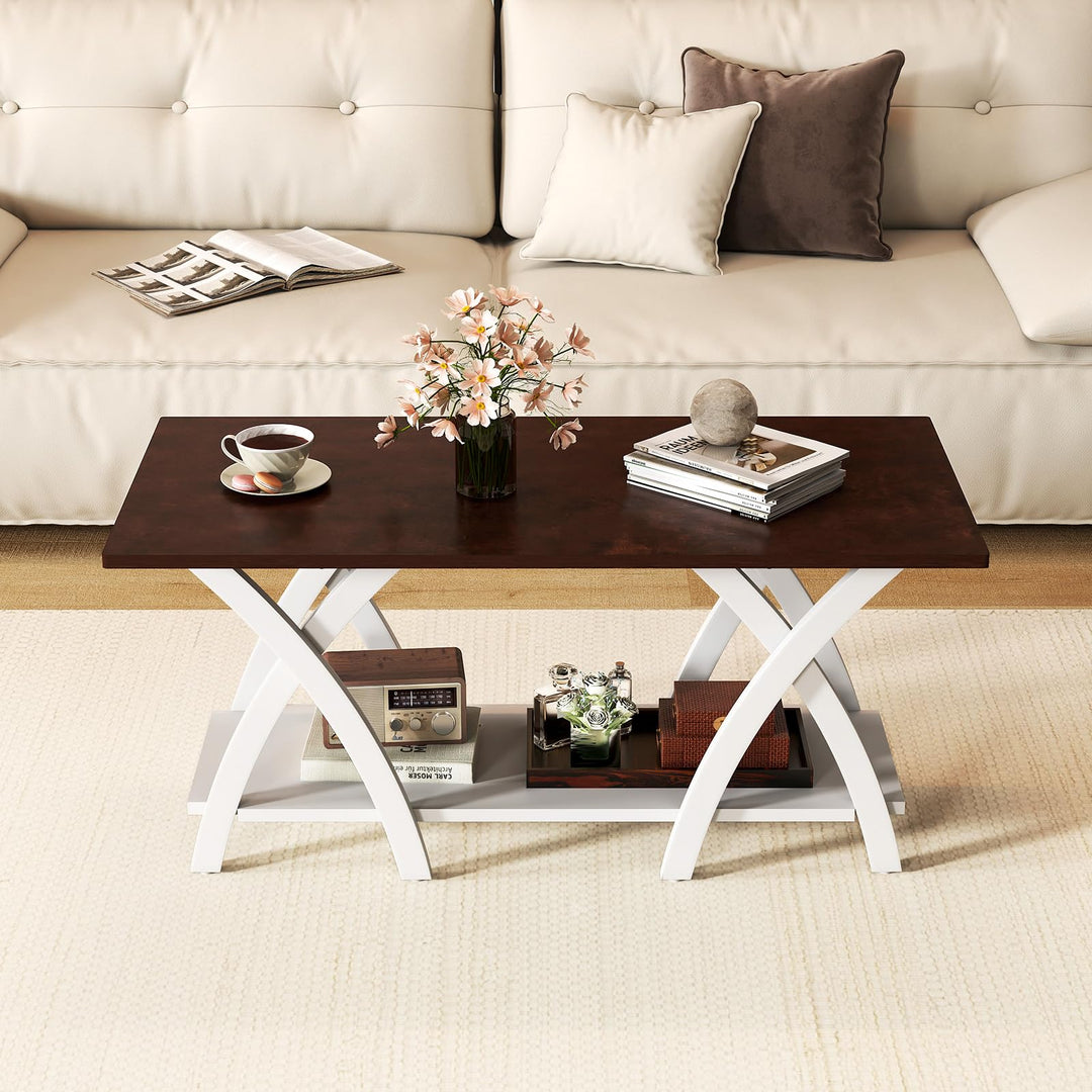 40 Inch Farmhouse Wooden 2-Tier Coffee Table with Storage Shelf for Living Room