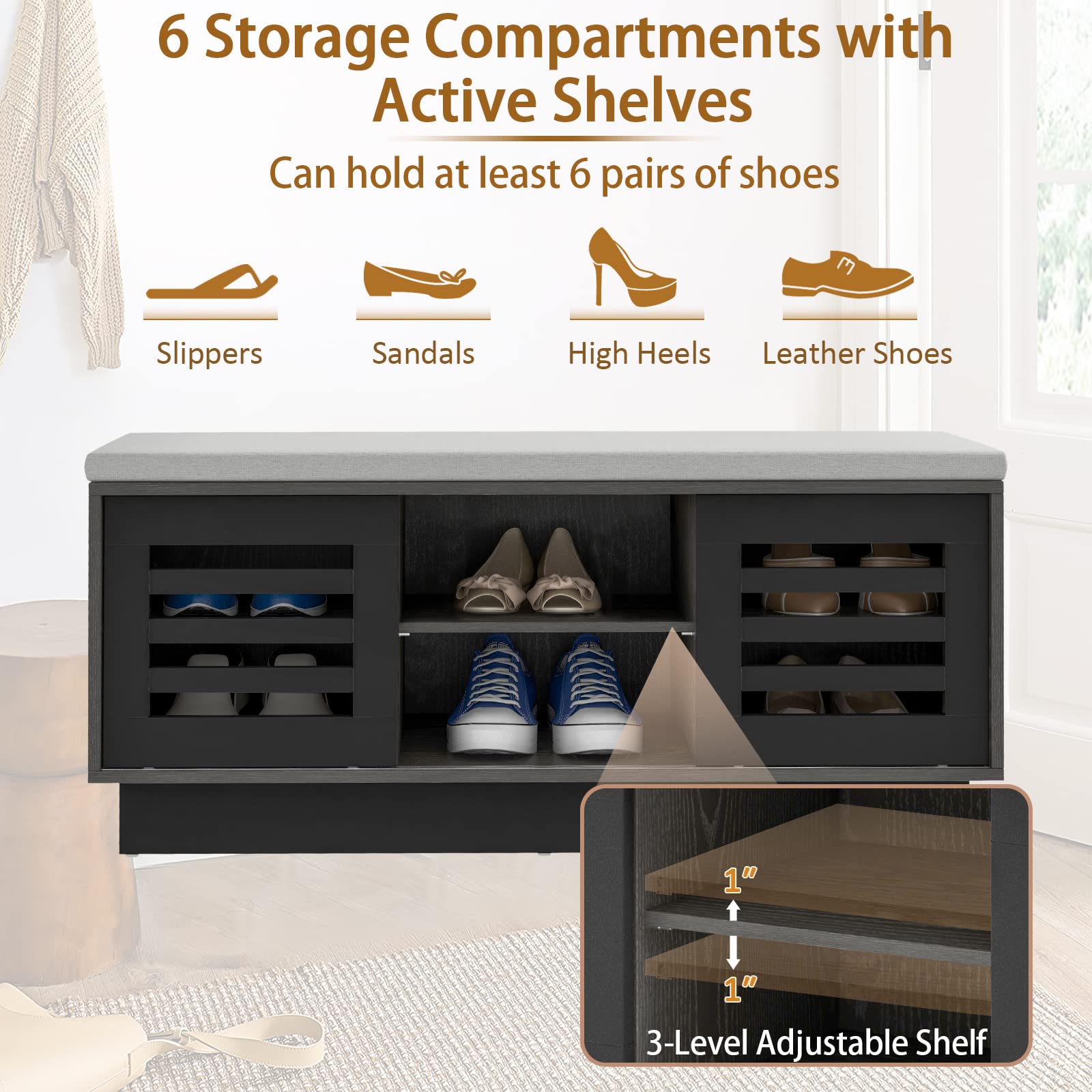 Giantex Entryway Shoe Storage Bench - Shoe Rack w/Seat Cushion & 6 Storage Compartments