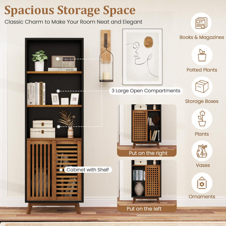 Giantex 70" Bookcase with Sliding Doors 5-Tier Tall Bookshelf with Reversible Adjustable Shelf