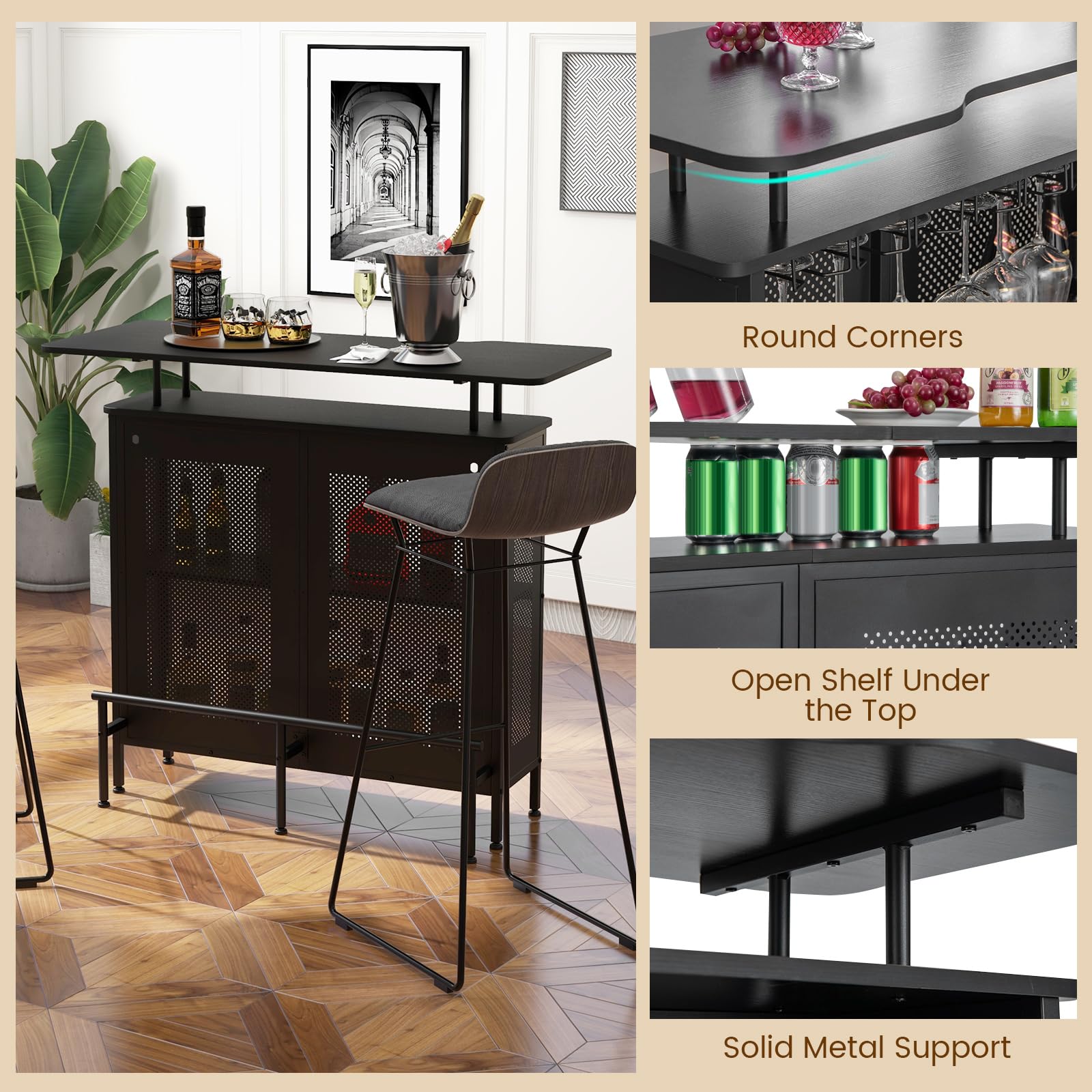 Giantex 4-Tier Home Bar Unit, Home Bar Cabinet w/ 2 Wine Storage Shelves & 6 Stemware Holders, Black