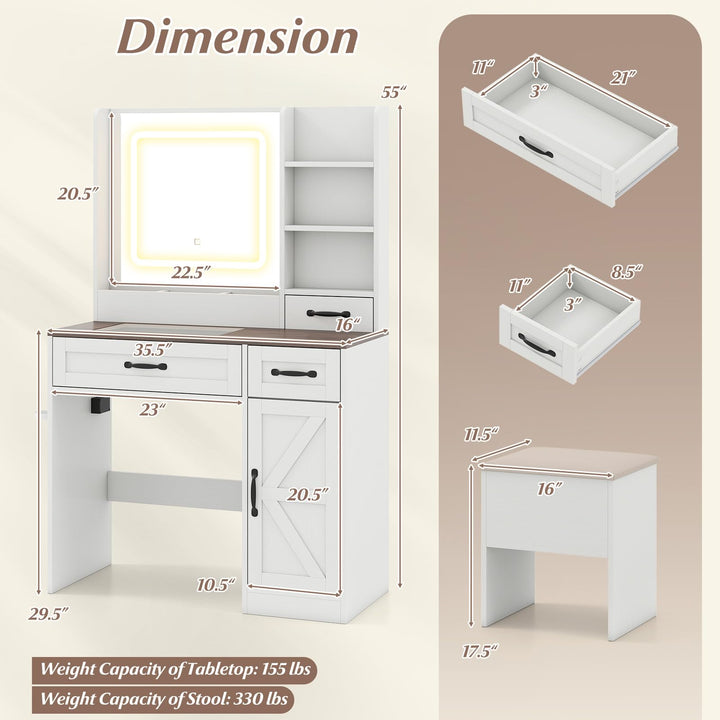 CHARMAID Glass Top Vanity Desk with Lighted Mirror Storage Stool & Drawers